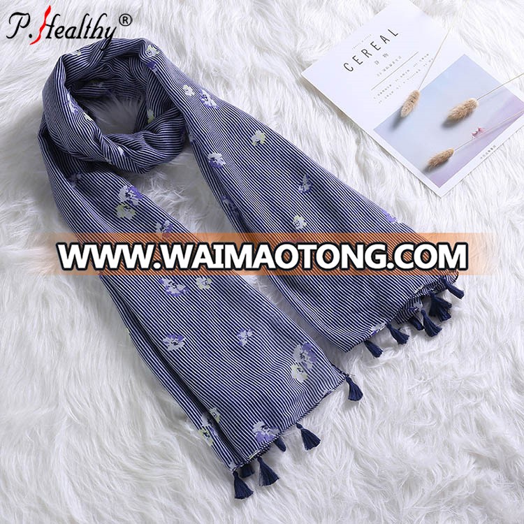 Wholesale flower printing shawl scarf muslim tassels cotton scarf low moq printed muslim scarf 180*90cm